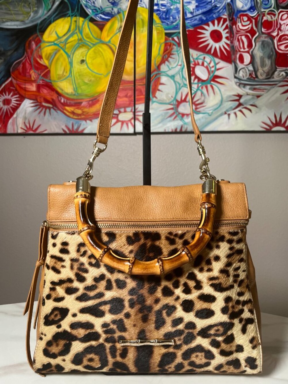 Elaine Turner Celeste Cheetah Haircalf Bamboo Convertible Satchel Backpack - Picture 2 of 16